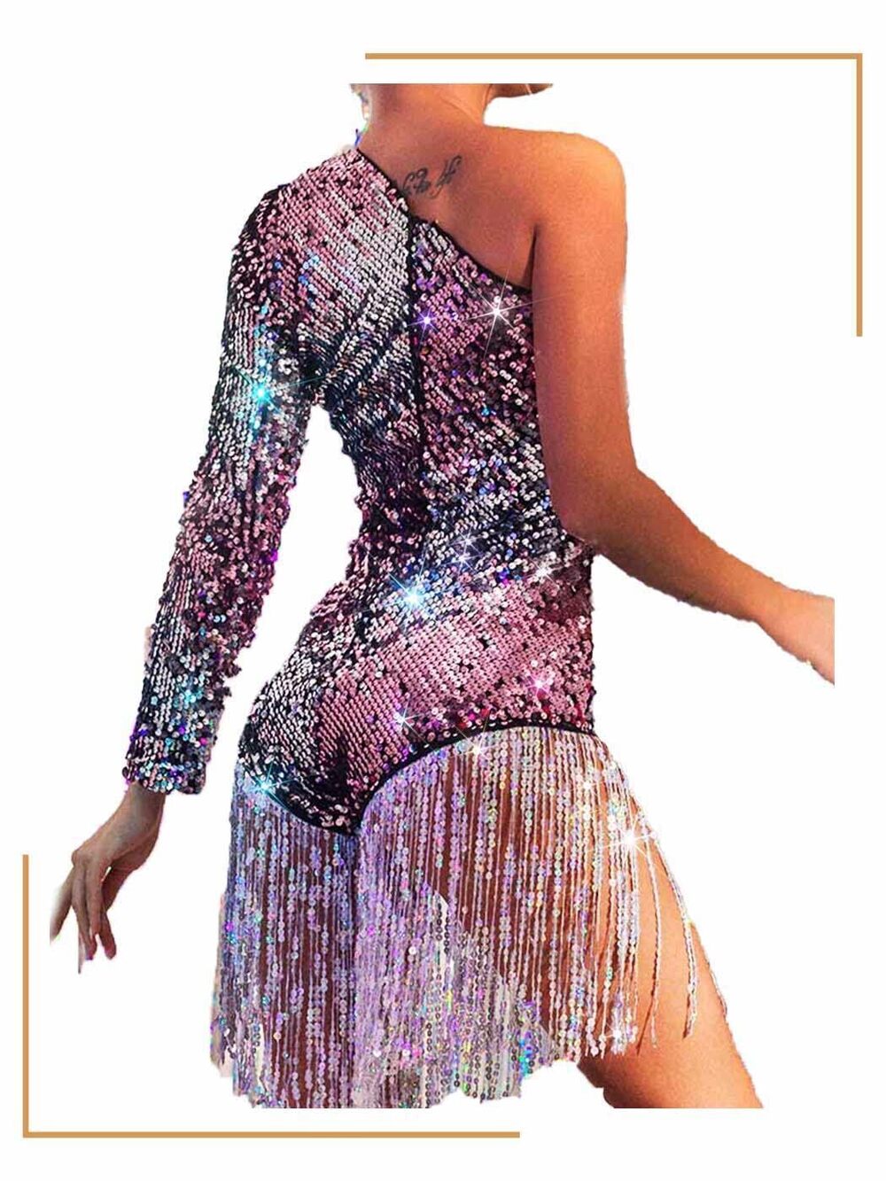 4824 Sparkly Fringe Bodysuit Dance Costumes Sequin Romper Outfits Silver
